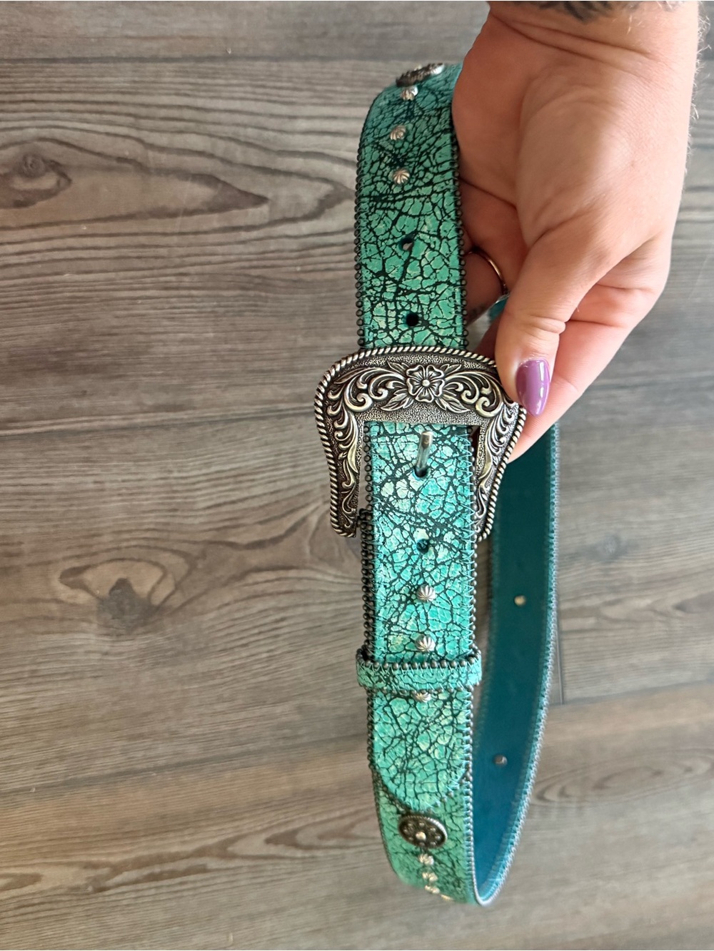 Roper Turquoise Crackle Western Belt with Ornate Silver Buckle